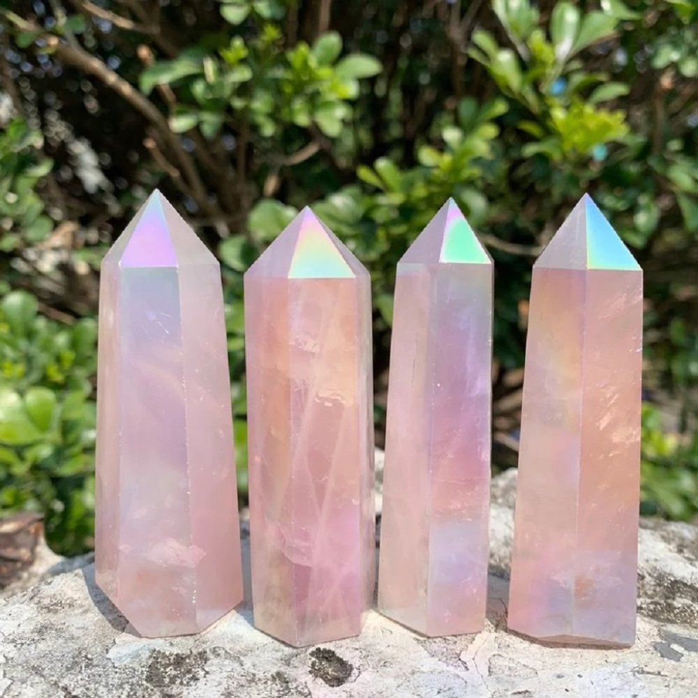 3'' Angel Aura Rose Quartz Point Obelisk Rainbow Crystal Wand Tower Decoration
